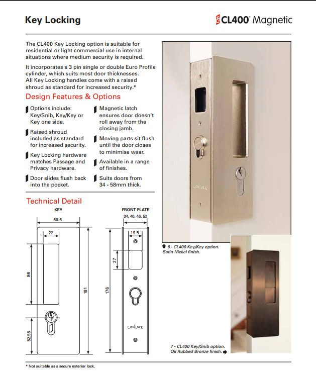 CaviLock CL400 Key Lock cavity slider Latching LH Snib / RH Key Lock - Image 5